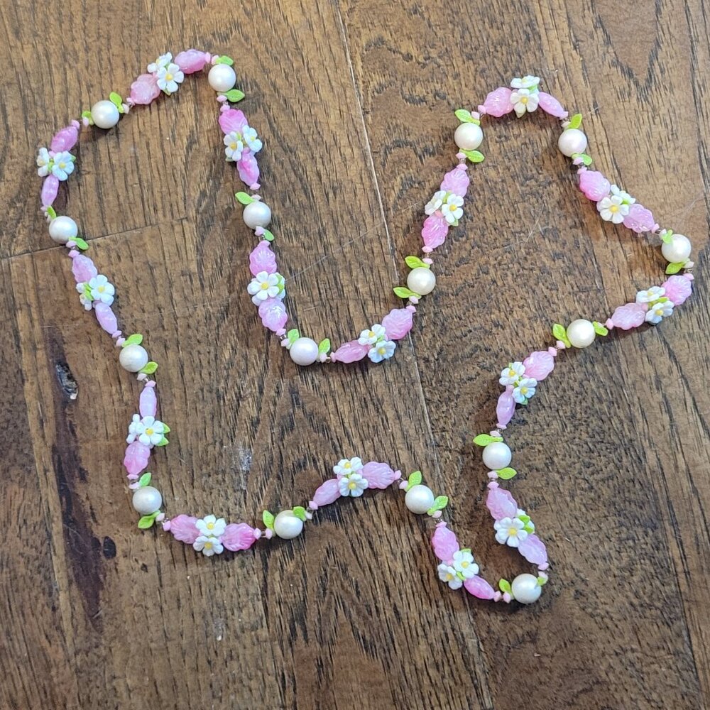 Vintage‎ 1960 1970s Tutti Fruitti Necklace White Daisy Pink Leaves